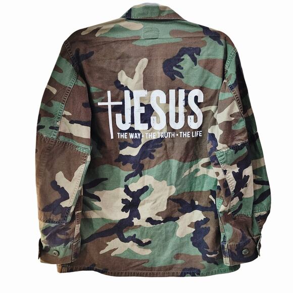 Jesus The Way The Truth & The Life Upcycled U.S. Military Camo Jacket, S/M - Picture 1 of 6